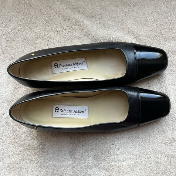 Etienne Aigner Siena Black Leather & Patent Leather Cap Toe Block Heel Pump 7.5 - Picture 4 of 16